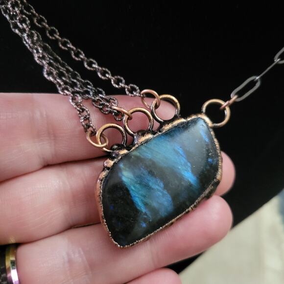 Labradorite & Bronze Tone Assymetrical Boho Necklace - Picture 2 of 5